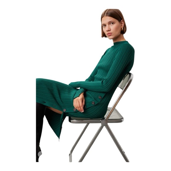 Adam Lippes Collective Sweater Dress Side Buttons Green Ribbed Knit Size Medium - Picture 4 of 11